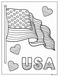 USA Coloring Page with American Flag and Patriotic Hearts