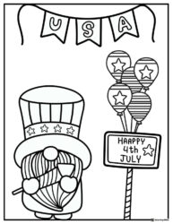 USA Gnome Coloring Page with Hat Balloons and Festive Sign