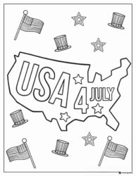USA Map Coloring Page with Flags Stars and Top Hats