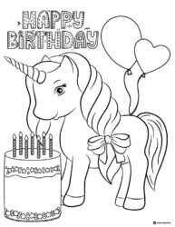 Unicorn Birthday Coloring Sheet with Cake and Balloons