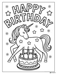 Unicorn Birthday Coloring Sheet with Cake and Stars