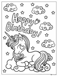 Unicorn Birthday Coloring Sheet with Clouds and Stars