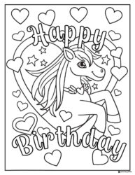 Unicorn Birthday Coloring Sheet with Hearts and Stars