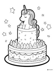 Unicorn Cake Birthday Coloring Page with Stars and Icing