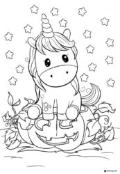Unicorn on Jack o Lantern Coloring Page with Starry Sky