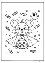 Vampire Mouse Coloring Page with Pumpkin Pail and Ghost Decor