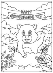Waving Groundhog Coloring Sheet with Flowers and Banner