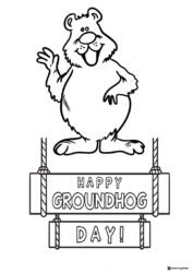 Waving Groundhog Coloring Sheet with Hanging Banner Sign