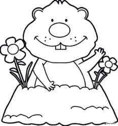 Waving Groundhog with Flowers Coloring Page