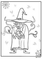 Wicked Witch Coloring Page Holding Skull with Webs and Bats