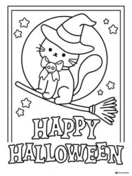 Witch Cat Coloring Page on Broomstick with Stars and Moon