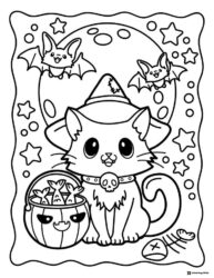 Witch Cat Coloring Page with Candy Bucket and Flying Bats