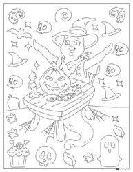 Witch Character Coloring Page with Pumpkin and Cookies