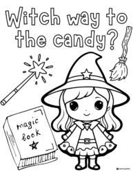 Witch Girl Coloring Page with Magic Book and Candy Text
