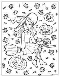 Witch Girl on Broom Coloring Page with Pumpkins and Leaves
