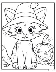 Witch Hat Cat Coloring Page with Jack o Lantern