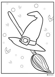 Witch Hat Coloring Page with Broom Bats and Floating Circles
