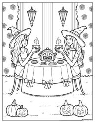 Witch Tea Party Coloring Sheet with Pumpkins and Lanterns