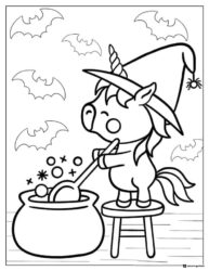 Witch Unicorn Coloring Page Stirring Cauldron with Bats Above