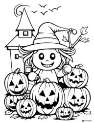 Witch and Pumpkins Coloring Page by Haunted House