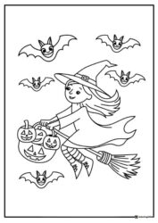 Witch on Broom Coloring Page with Pumpkins and Smiling Bats