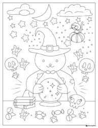Wizard Cat Coloring Page with Magic Orb and Halloween Symbols