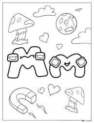 Alphabet Lore M Coloring Sheet with mushrooms and clouds