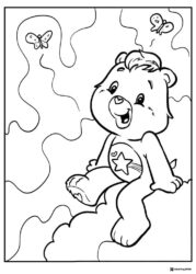 Care Bear Coloring Page Sitting on Cloud with Butterflies
