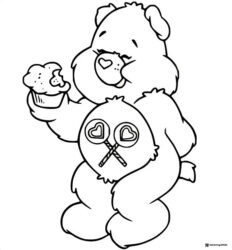 Care Bear Coloring Page eating a cupcake with lollipops