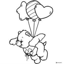 Care Bear Coloring Page floating with star and heart balloons