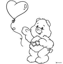Care Bear Coloring Page holding a heart balloon
