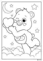 Care Bear Coloring Page holding a heart under moon and stars