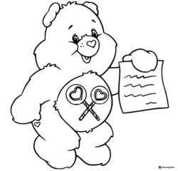 Care Bear Coloring Page holding a paper with lollipops