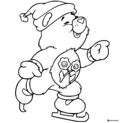 Care Bear Coloring Page ice skating with a hat and flower