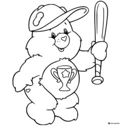 Care Bear Coloring Page in baseball cap with bat and trophy
