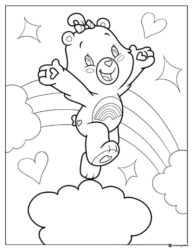 Care Bear Coloring Page jumping on cloud with rainbow and hearts