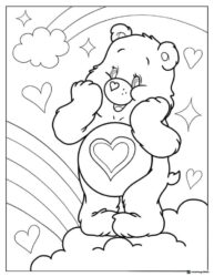 Care Bear Coloring Page on cloud with hearts and rainbows