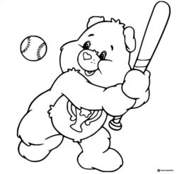 Care Bear Coloring Page playing baseball with bat and ball