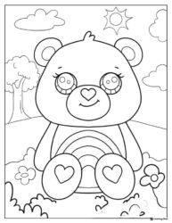 Care Bear Coloring Page sitting in a field with a rainbow