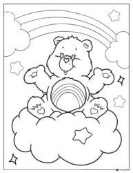 Care Bear Coloring Page sitting on clouds with rainbow and stars