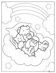 Care Bear Coloring Page sleeping on a cloud with stars and rainbow