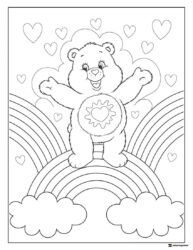 Care Bear Coloring Page standing on a rainbow with hearts
