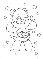 Care Bear Coloring Page winking and making peace signs with hearts