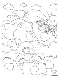 Care Bear Coloring Page with Hearts and Cupid Birds