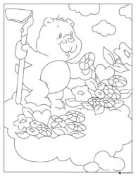 Care Bear Coloring Page with Shovel and Flowers