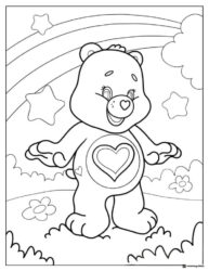 Care Bear Coloring Page with a heart rainbow and flowers