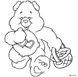 Care Bear Coloring Page with a picnic basket and hearts