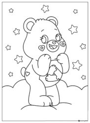 Care Bear Coloring Page with hearts and stars on clouds