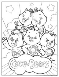 Care Bears Coloring Page group on a cloud with stars