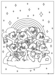Care Bears Coloring Page group on clouds with a rainbow